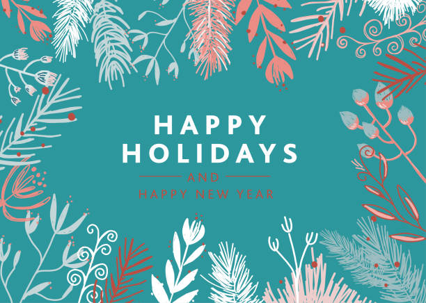 Christmas Greeting Card design with garland branches Happy Holidays type design Modern color palette with Hand drawn garland and branches. Holiday Greeting card design. Twigs and berries around outside edge. Happy Holidays messages of Christmas, Christmas Card, Christmas banner. Turquoise background. Vector eps. Fully editable. happy holidays stock illustrations