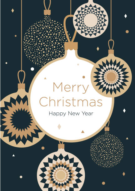 Christmas greeting card. Golden Christmas balls on a dark blue background New Year's design template with a window for text. Vector flat. Vertical format christmas ornament stock illustrations