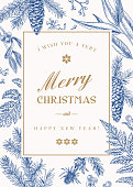 Christmas greeting card in vintage style. Vector frame with ferns, berries, mistletoe, pine cones and spruce branches, seeds of eucalyptus. Blue.