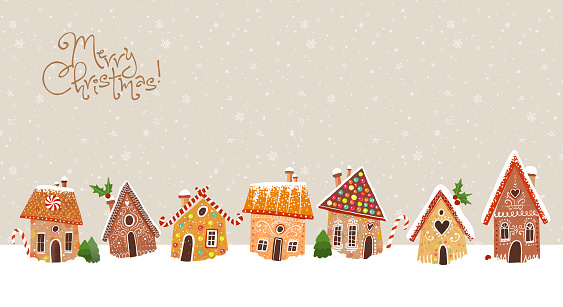 Christmas greeting card with cute gingerbread houses.