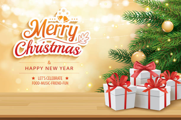 noel tebrik kartı hediye kutuları üzerinde ahşap masa ve ağaç bokeh arka plan ile. noel ve mutlu yeni yıl. - christmas table stock illustrations