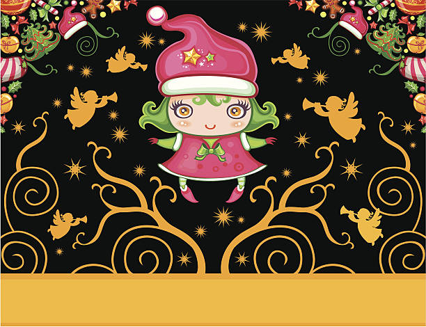 Christmas  greeting card with little girl Colorful Christmas greeting card with cute Christmas Elf, little Santa helper, and golden Christmas angel, with sace for your text. silhouette of christmas cookie border stock illustrations