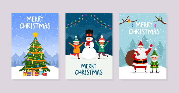 크리스마스 인사말 카드 또는 파티 초대장. 크리스마스 트리, 산타 클로스와 아이들과 포스터 세트. - 크리스마스 카드 stock illustrations