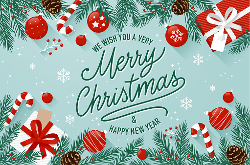 Christmas greeting cards with christmas decorations and text Merry Christmas and Happy New Year