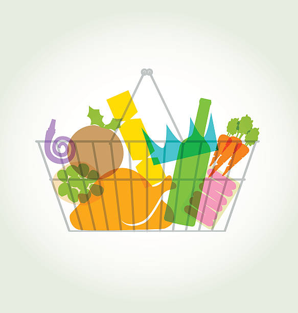 Christmas Groceries silhouettes Colourful overlapping silhouettes of Christmas groceries in shopping basket. EPS10 file best in RGB, CS5 version in zip supermarket silhouettes stock illustrations