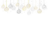 Elegant Christmas baubles pattern. Gold and silver coloured cartoon style