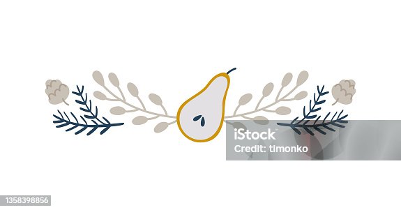 istock Christmas Hand Drawn branch and pear Vector Border divider. Design Elements Decoration Wreath and Holidays symbol with Flower and berries scandinavian branches 1358398856