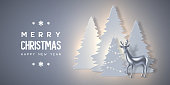 Christmas holiday banner with paper cut style fir-tree, glowing lights and glossy metallic deer. New year background. Vector illustration.