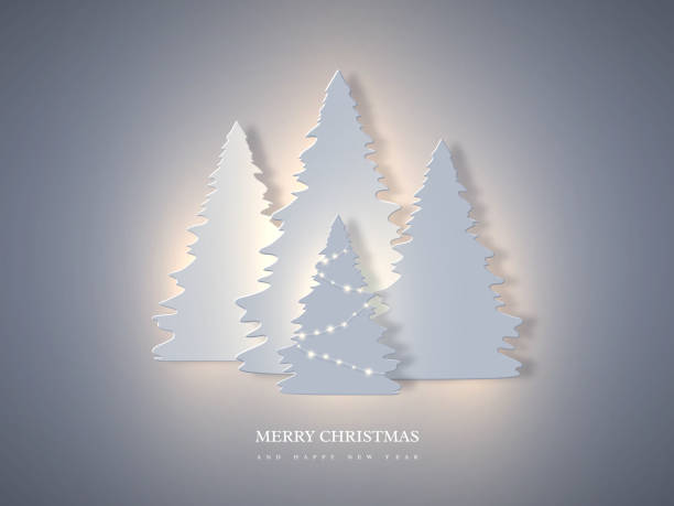 Christmas holiday banner with paper cut style fir-tree and glowing lights. New year background, vector illustration. Christmas holiday banner with paper cut style fir-tree and glowing lights. New year background. Vector illustration. winter silhouettes stock illustrations