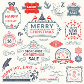 Holiday Christmas Label or badge. Flat colors, easy to edit. Pastel blue and red