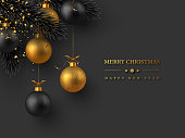 Christmas holiday design. Realistic glitter balls, fir-tree branches and golden beads with tinsel. New Year black background. with greeting text Vector illustration.