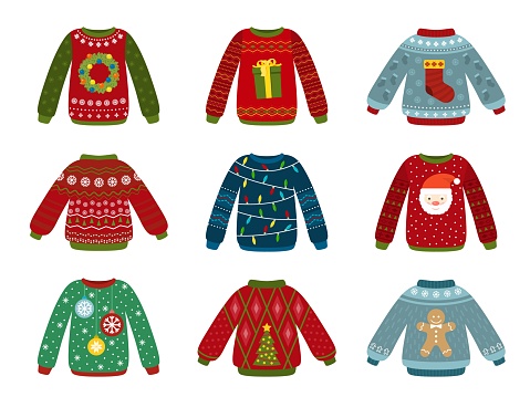 Christmas holiday sweater. Ugly sweaters, xmas jumper. Flat winter warm clothes with festive elements. Isolated new year objects recent vector set
