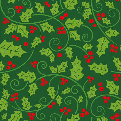 Christmas holly vines and leaf seamless pattern.