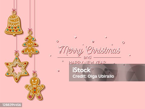istock Christmas horizontal banner with hanging homemade gingerbread cookies on a pink background. Homemade cookies in the shape of a star,a Christmas tree, a bell and a gingerbread man.Vector illustration 1288394456