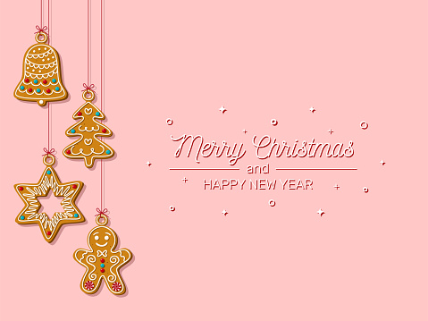Christmas horizontal banner with hanging homemade gingerbread cookies on a pink background. Homemade cookies in the shape of a star,a Christmas tree, a bell and a gingerbread man.Vector illustration