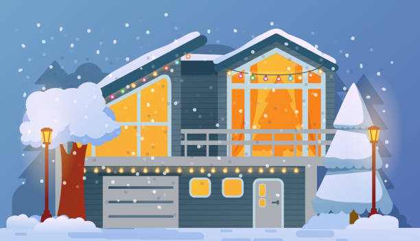 ilustraciones, imágenes clip art, dibujos animados e iconos de stock de casa de navidad decorada consaliñado por nevadas, con luminosos farolas. paisaje rural de invierno con abetos en la nieve. - christmas lights house