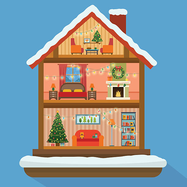 Christmas house in cut with snow. Christmas house in cut with snow. House interior with a furniture, fireplace, christmas tree, gifts, lights, decorations. Flat style vector illustration. christmas lights house stock illustrations