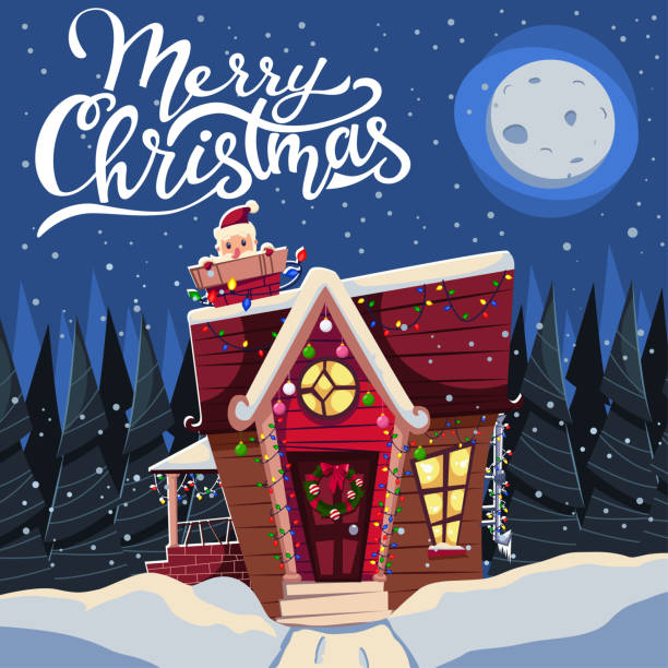 Christmas house in the snow decorated with garlands and with Santa Claus in the chimney. Vector cartoon holiday illustration of a winter landscape, greeting card, banner, poster, etc. Christmas house winter holiday vector cartoon card. christmas lights house stock illustrations