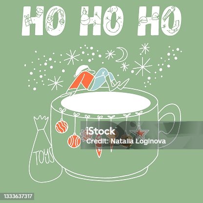 istock Christmas illustration, postcard, doodles, Santa on a huge cup with hot cocoa looks at the stars, Santa is a dreamer, Christmas toys. 1333637317