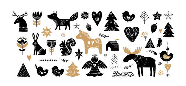 Christmas illustrations, banner design hand drawn elements in Scandinavian style Christmas illustrations, banner design hand drawn elements and icons in Scandinavian style winter icons stock illustrations