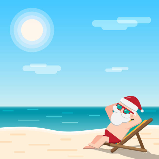 Christmas in July theme Christmas in July theme, Santa Claus wearing sunglasses sits sunbathing on a beach chair at the seaside with sea sun and sky as background, Vector illustration cartoon sun with sunglasses stock illustrations