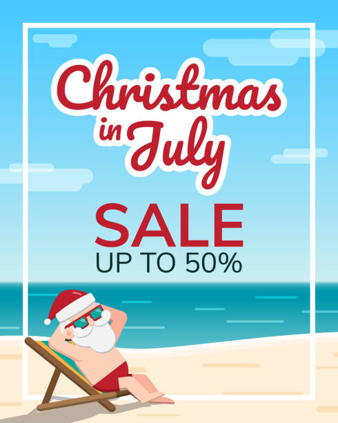 Christmas in July theme Christmas in July theme, Santa Claus wearing sunglasses sits sunbathing on a beach chair at the seaside with sea and sky as background, Sale marketing template, Vector illustration july stock illustrations