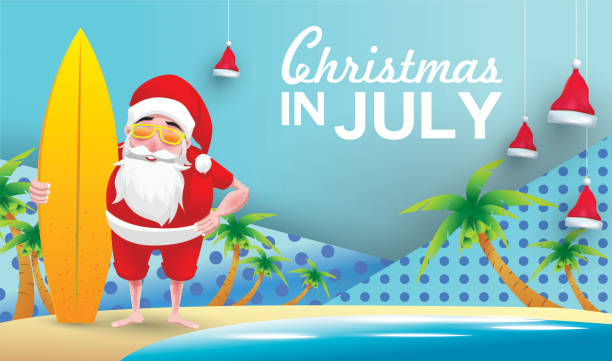 Christmas in June, July, August, for poster, marketing, advertising, summer sale, greeting card. santa in summer with copy space for text Christmas in June, July, August, for poster, marketing, advertising, summer sale, greeting card. santa in summer with copy space for text july stock illustrations