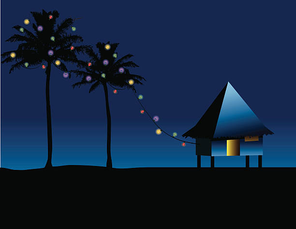Christmas in the Islands - ZOOM to see lights! A little grass shack, in Hawaii christmas lights house stock illustrations