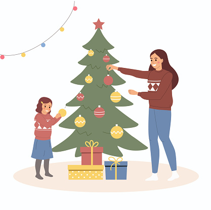 Christmas interior. Mother and daughter standing near christmas tree and decorating. Vector flat style cartoon illustration