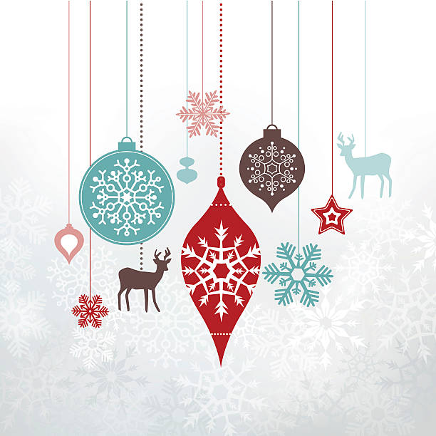 Christmas Labels - ornaments, decorations. Christmas decorations, ornaments. Silver frosty background - frozen snowlakes. Can be used as a greetings card. christmas music background stock illustrations