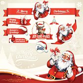 Vector set of Christmas labels with Santa Claus and Rudolph illustrations. All objects are grouped and layered separately. Eps10 file, illustration contains transparency effects in gradients. AI-Cs and Cs5 files included.