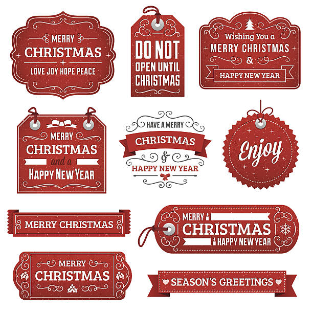 Christmas Labels Christmas gift tags and labels with text. Radial and linear gradients used. No effects, transparency, clipping masks or strokes used. christmas ornament shape stock illustrations