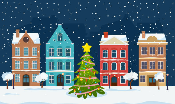 ilustraciones, imágenes clip art, dibujos animados e iconos de stock de paisaje de navidad con casco antiguo nocturno y árbol de navidad. - christmas lights house