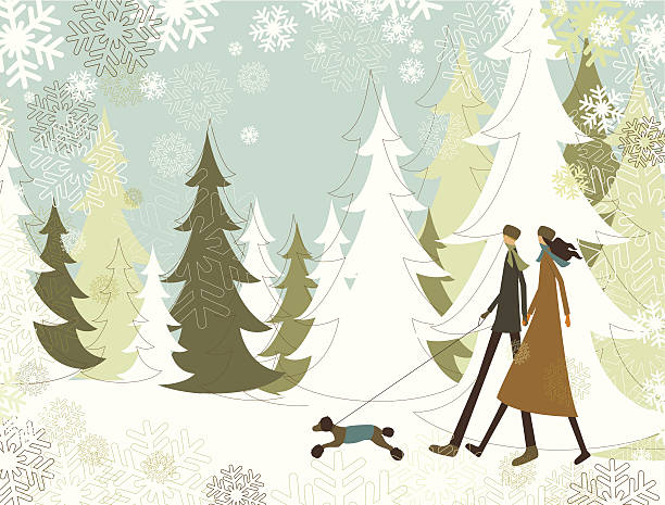 Christmas landscape with walking couple vector art illustration