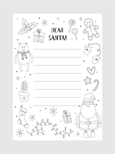 Christmas letter from Santa Claus template. Christmas letter from Santa Claus template. layout in A4 size. Cartoon Christmas wish christmas items. Coloring page. A letter to Santa Claus template. Christmas background with a place for Christmas gifts for Santa wish list. Vector illustration. christmas coloring stock illustrations