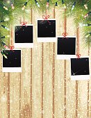 Christmas Lights Evergreen Background Polaroids On Wood