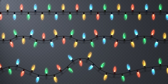 Christmas lights, isolated design elements. Holiday glowing lights. Colorful garland lights. Differently colored electric lights spaced evenly along a cable.