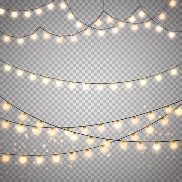 Christmas lights isolated on transparent background. Vector xmas glowing garland Christmas lights isolated on transparent background. Set of golden xmas glowing garland. Vector illustration fairy lights stock illustrations
