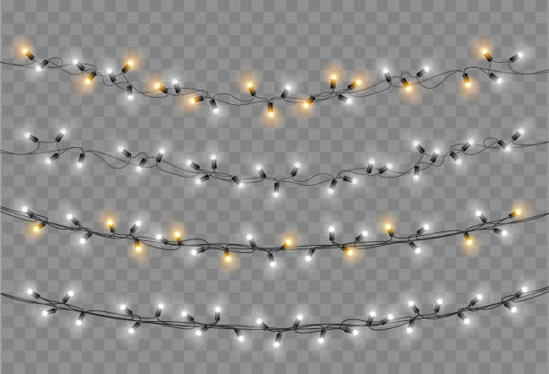 Christmas lights set. Vector New Year decorate garland with glowing light bulbs. Christmas lights isolated on transparent background. Colorful bright Xmas garland. Vector red, yellow, blue and green glow light bulbs on wire strings. Vector template christmas lights stock illustrations
