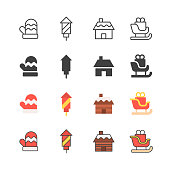 16 Christmas Line, Solid, Flat and Colour Icons. Christmas Glove, Fireworks, Winter Hut, Santa Claus Sleigh.