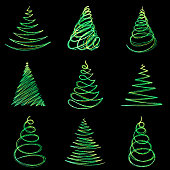 A set of simple abstract Christmas trees. Glowing lines and dots in the shape of a Christmas tree.