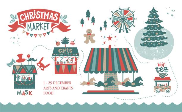 Christmas market illustration Christmas market illustration. Winter time. Merry Christmas and Happy New Year on amusement park, winter market, festival, fair. Christmas tree, shops with gifts, a Ferris wheel, carousel with horse christmas market stock illustrations