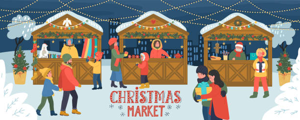 Christmas market. Kiosks of gifts, food and hot drinks. Christmas market. Kiosks of gifts, food and hot drinks. People walk,  eat, celebrate and shopping in the evening city. Hand drawn lettering. christmas market stock illustrations