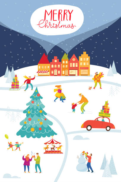 ilustrações de stock, clip art, desenhos animados e ícones de christmas market poster with city and people doing winter activities. - woman holding a christmas gift