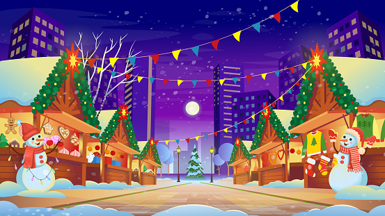 Christmas Market with lighting shopping traditional gifts, buying holiday food. Vector illustration in cartoon style. Christmas decorations.