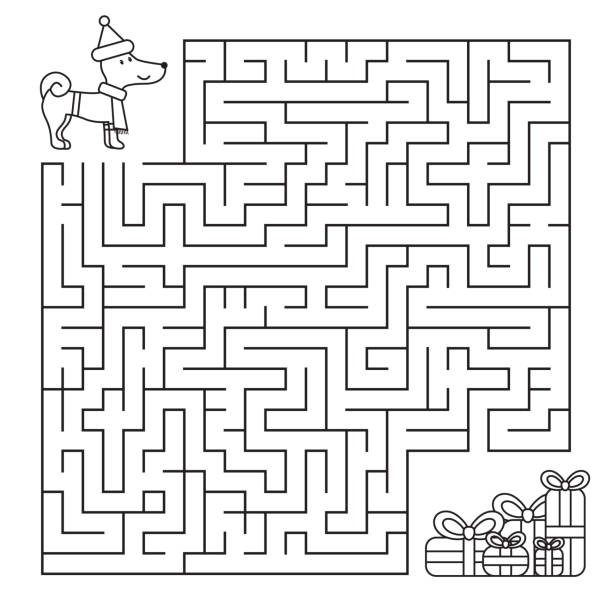Christmas maze Christmas maze for children, funny dog looking for gifts. Coloring page. Vector illustration. coloring pages stock illustrations