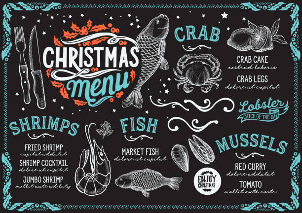 Christmas menu for seafood restaurant, food template. Christmas menu for seafood restaurant on a blackboard vector illustration brochure for xmas dinner celebration. Design poster with vintage lettering and holiday hand-drawn graphic decorations. holiday menu stock illustrations