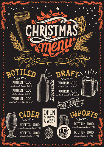 Christmas menu template for beer restaurant on a blackboard.