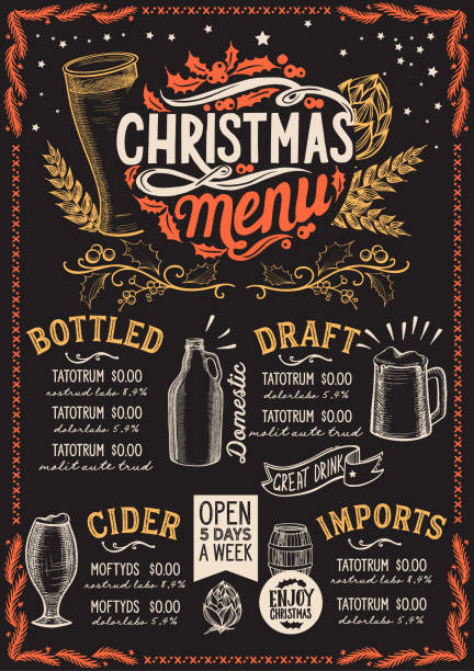 Christmas menu template for beer restaurant on a blackboard. Christmas menu template for beer restaurant and bar on a blackboard background vector illustration brochure for xmas night celebration. Design poster with vintage lettering and hand-drawn graphic decorations. alcohol drink backgrounds stock illustrations