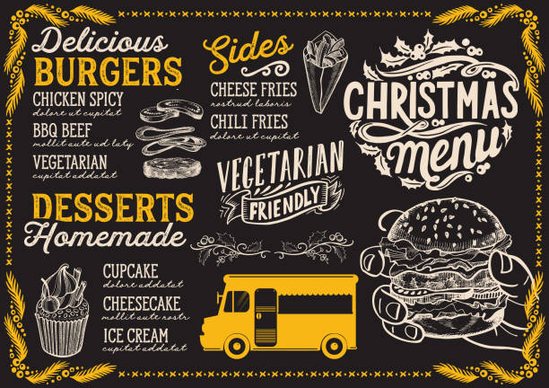 Christmas menu template for food truck. Christmas menu for food truck on blackboard background vector illustration template for xmas night celebration. Design poster with vintage lettering and holiday hand-drawn graphic. truck borders stock illustrations
